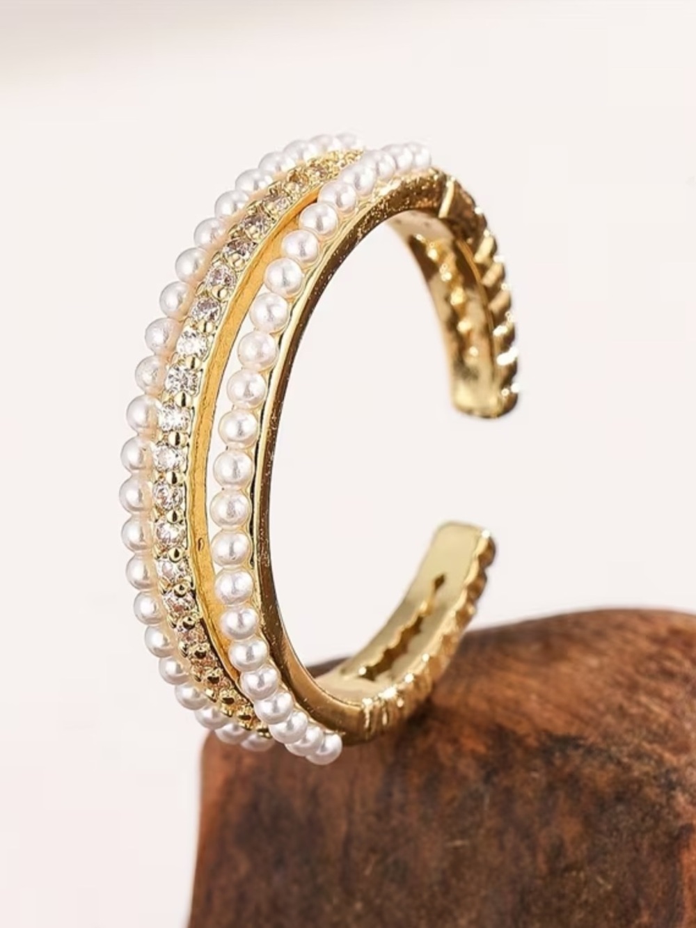 18K Gold Pearl & Crystal Pavé Cuff Bracelet Luxury Statement Bohemian